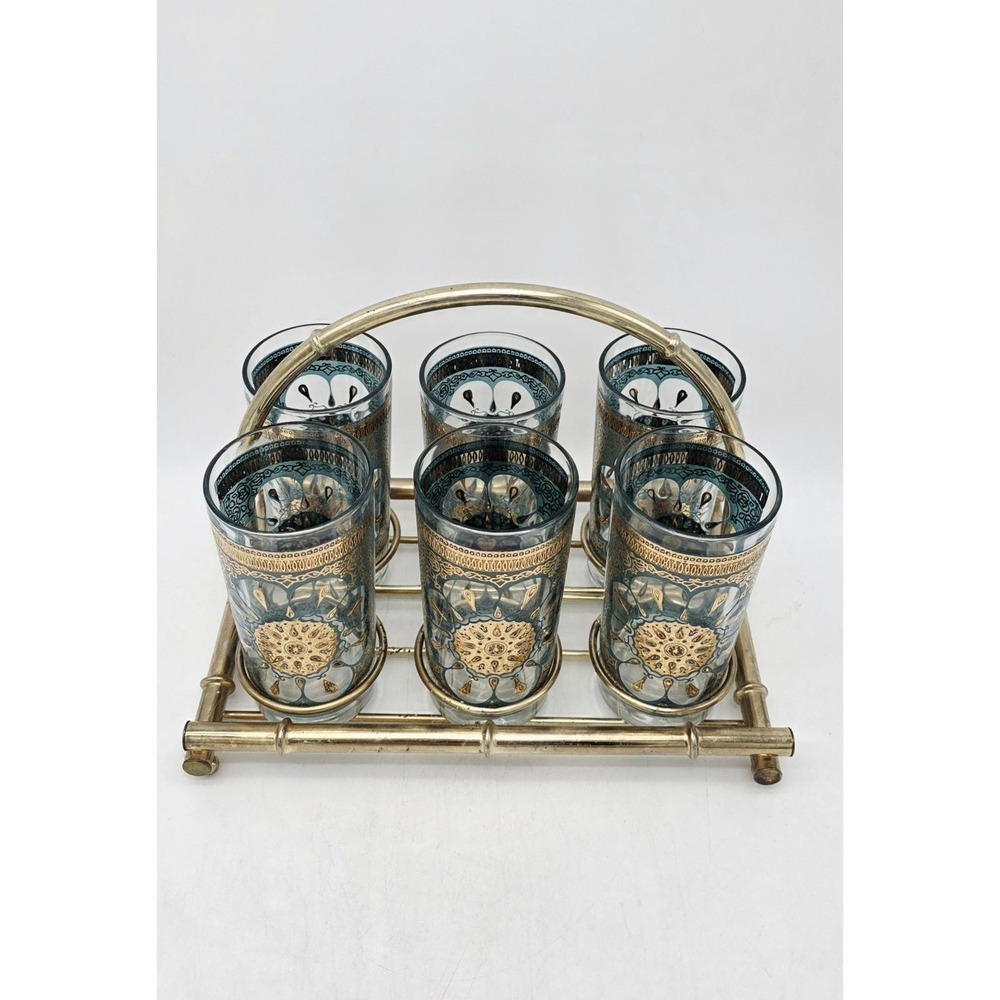 6 VTG MCM Gold Medallion Teal High Ball Glasses Continental Can Co 12oz-22k Set